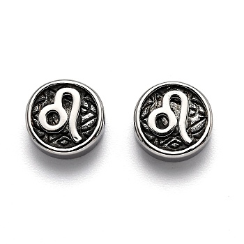 304 Stainless Steel Beads, Flat Round with Twelve Constellations, Antique Silver, Leo, 10x4mm, Hole: 1.8mm