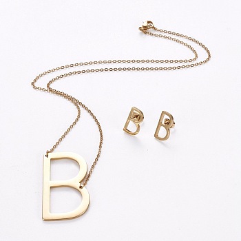 304 Stainless Steel jewelry Sets, Stud Earring and Pendant Necklaces, Alphabet, Golden, Letter.B, 18.7 inch~20.2 inch(47.5~51.3cm), 15x7~12mm, Pin: 0.8mm