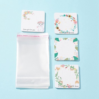 40Pcs 4 Styles Square Floral Paper Hair Clip Display Cards, Hair Bow Holder Cards, Hair Accessories Supplies Headdress Card, with 50Pcs OPP Cellophane Bags, Mixed Color, Card: 6x6x0.03cm, Hole: 8mm, 10pcs/style