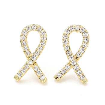 Rack Plating Brass Micro Pave Clear Cubic Zirconia Stud Earrings for Women, Cadmium Free & Lead Free, Long-Lasting Plated, Awareness Ribbon Shape, Real 18K Gold Plated, 14x8mm