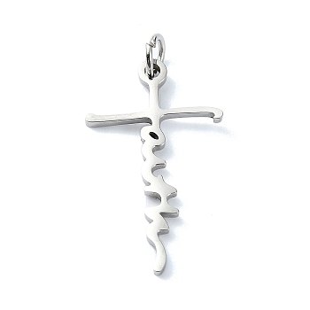 304 Stainless Steel Pendants, with Jump Rings, Laser Cut, Cross with Word Faith Charm, Stainless Steel Color, 24.5x14.5x1mm, Hole: 3mm