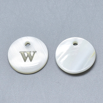 Natural White Shell Mother of Pearl Shell Charms, with Iron Sticker, Flat Round with Letter, Letter.W, 13x2mm, Hole: 1.5mm