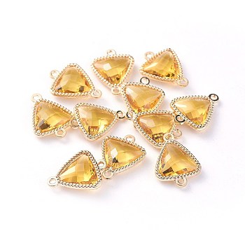 Glass Links connectors, with Eco-Friendly Alloy Open Back Berzel Findings, Faceted, Triangle, Light Gold, Gold, 16x12x4.5mm, Hole: 1.2mm