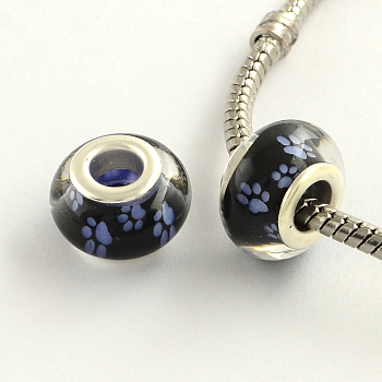 Large Hole Dog Paw Prints Pattern Resin European Beads, with Platinum Plated Brass Double Cores, Rondelle, Slate Blue, 14x9mm, Hole: 5mm