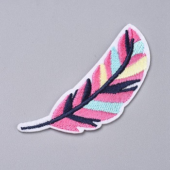Computerized Embroidery Cloth Iron on/Sew on Patches, Costume Accessories, Appliques, for Backpacks, Clothes, Feather, Hot Pink, 81x29x1.5mm