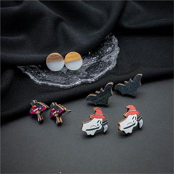 Halloween Mushroom Ghost Bat Wood Stud Earring Sets, Resin & Wood Flat Round Ear Studs for Women, Mixed Color, 15~25x15~18mm, 4pairs/set