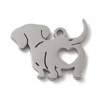 304 Stainless Steel Pendants, Laser Cut, Dog with Heart Charm, Stainless Steel Color, 13.5x17x1.5mm, Hole: 1.4mm