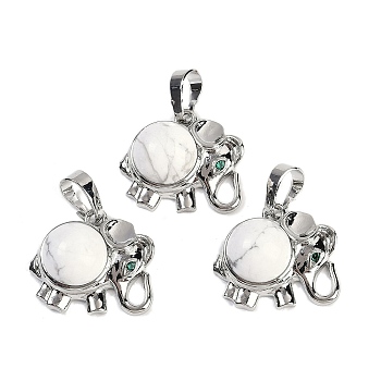 Natural Howlite Pendants, Rack Plating Brass Rhinestone Elephant Charms, Platinum, Cadmium Free & Lead Free, 17.5x20.5x8mm, Hole: 5x8mm