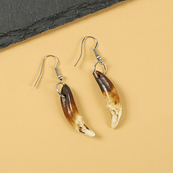 Natural Gemstone Wolf Tooth Shape Dangle Earrings with Real Tibetan Mastiff Dog Tooth
