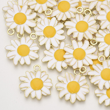 Alloy Pendants, with Enamel, Flower/Daisy, Light Gold, White, 27x25x2.5mm, Hole: 3mm