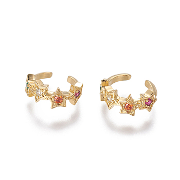 Brass Cubic Zirconia Cuff Earrings, Star, Golden, 10x2~5.5mm