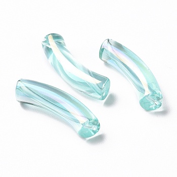 UV Plating Transparent Rainbow Iridescent Acrylic Beads, Curved Tube, Turquoise, 32~33x10x8mm, Hole: 1.6mm