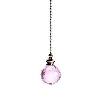 Glass Crystal Ceiling Fan Pull Chain Extenders, with Metal Ball Chains, Round Ball Pendant Suncatcher, Pink, 545mm