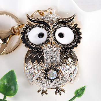 Owl Alloy Rhinestone Keychain, with Alloy Clasp, Crystal AB, 12cm