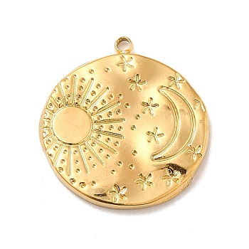 Ion Plating(IP) 304 Stainless Steel Pendants, Flat Round with Moon & Sun, Real 18K Gold Plated, 22x21x2.5mm, Hole: 1.6mm