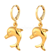 Brass Huggie Hoop Earring, with Dolphin 304 Stainless Steel Pendants, Golden, 33mm, Pin: 0.7mm(EJEW-JE04211-03)