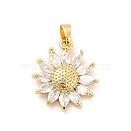 Brass Micro Pave Clear Cubic Zirconia Pendants, with Glass, Sunflower, Real 18K Gold Plated, 19x17x3.5mm, Hole: 5x3mm(KK-I695-022G)