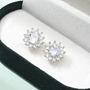 Brass Micro Pave Clear Cubic Zirconia Stud Earrings, Flower, Platinum, 11.5mm(EJEW-R009-02P)