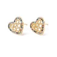 Colorful Cubic Zirconia Heart Stud Earrings, Brass Jewelry for Women, Lead Free & Cadmium Free, Real 18K Gold Plated, 11.5x13mm, Pin: 0.8mm(EJEW-F282-48G)