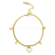 Ion Plating(IP) 304 Stainless Steel Bracelets for Women, with White Heart Shell Charms, Golden, 9 inch(22.7cm)(BJEW-K254-06G)