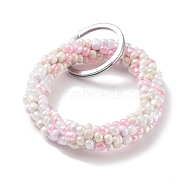 Glass Beaded Bracelet Wrist Keychain, with Iron Key Ring, Pink, 9cm(AJEW-Z018-01D)