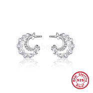 Rhodium Plated 925 Sterling Silver Stud Earring, with Clear Cubic Zirconia, Moon, 10mm(XF5476-2)