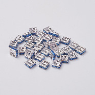 Brass Rhinestone Spacer Beads, Grade A, Silver Color Plated, Square, Light Sapphire, 6x6x3mm, Hole: 1mm(RB-A013-6x6-04S)