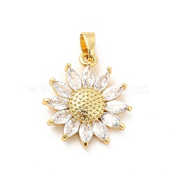 Brass Micro Pave Clear Cubic Zirconia Pendants, with Glass, Sunflower, Real 18K Gold Plated, 19x17x3.5mm, Hole: 5x3mm(KK-I695-022G)