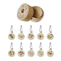 20Pcs 10 Style Round Wood Locking Stitch Markers, with Gourd Safety Pins & 2Pcs Storage Box, Paw Print, Box: 5.5cm, Marker: 20mm(TOOL-WH0057-001)