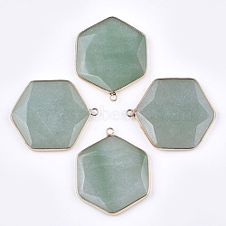Natural Green Aventurine Pendants, with Brass Findings, Faceted, Hexagon, Golden, 44~45x36~37x5~6mm, Hole: 2mm(G-T112-19B)