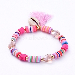 Stretch Charm Bracelets, with Polymer Clay Heishi Beads, Cotton Thread Tassels, Cowrie Shell Beads, Heart Glass Beads and Brass Round Beads, Pink, 2-1/8 inch(5.4cm)(BJEW-JB05085-03)
