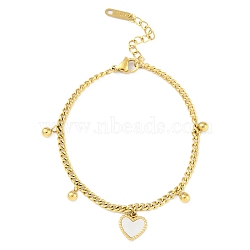 Ion Plating(IP) 304 Stainless Steel Bracelets for Women, with White Heart Shell Charms, Golden, 9 inch(22.7cm)(BJEW-K254-06G)