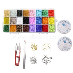 DIY Bracelets Making Kits, include 8/0 Glass Seed Beads, Iron & Alloy Spacer Beads, Elastic Crystal Thread, & Scissors & Tweezers & Lobster Claw Clasps, Mixed Color, Seed Glass: 3mm, Hole: 1mm, 24 colors, 450pcs/color, 10800pcs(DIY-SZ0001-34)