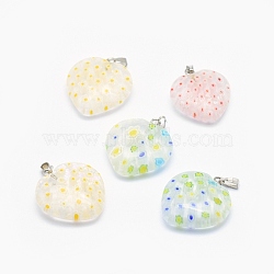 Handmade Millefiori Glass Pendants, with Brass Findings, Heart with Flower, Platinum, Mixed Color, 22~25x19~23x5~7mm, Hole: 2x4mm(LAMP-O016-05)
