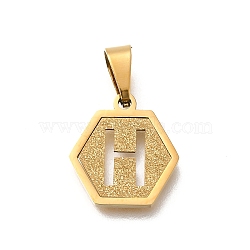 304 Stainless Steel Charms, Real 18K Gold Plated, Hexagon with Letter Charm, Letter H, 15x14x1.5mm, Hole: 3x5.5mm(STAS-H227-01G-H)