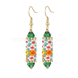 Glass Seed Braided Column Dangle Earrings, Golden 304 Stainless Steel Jewelry for Women, Colorful, 50mm, Pin: 0.7mm(EJEW-MZ00060-03)