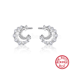 Anti-Tarnish Rhodium Plated 925 Sterling Silver Stud Earring, with Clear Cubic Zirconia, Moon, 10mm(XF5476-2)