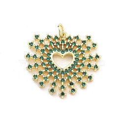 Brass Micro Pave Cubic Zirconia Pendants, Real 18K Gold Plated, Cadmium Free & Lead Free, Heart Charms, Green, 23x24.5x2.5mm, Hole: 3mm(KK-Q006-35G-02)