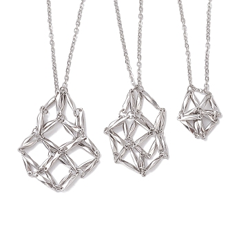3 Pcs Crystal Stone Cage Pendant Necklaces, 304 Stainless Steel Cable Chains Necklaces, Stainless Steel Color, 17.60~29.25 inch(44.7~74.3cm)