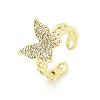 Brass Micro Pave Cubic Zirconia Cuff Rings, Butterfly Open Rings for Women, Long-Lasting Plated, Golden, Adjustable
