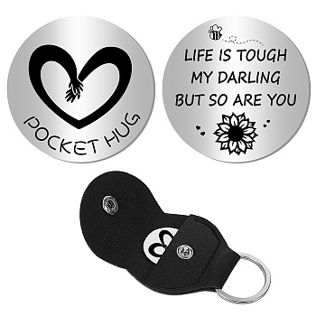 1Pc 201 Stainless Steel Commemorative Coins, Pocket Hug Coin, Inspirational Quote Coin, Flat Round, Stainless Steel Color, with 1Pc PU Leather Guitar Clip, Word Life Is Tough, Heart, 30x2mm