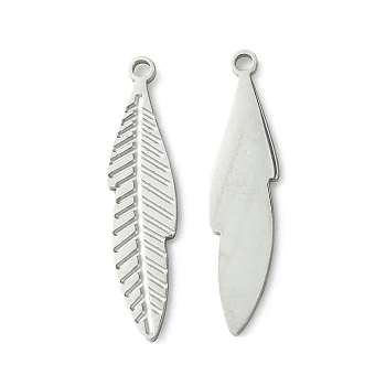  304 Stainless Steel Manual Polishing Pendants, Leaf Charms, Stainless Steel Color, 21x4.5x0.5mm, Hole: 1.2mm