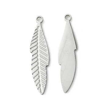 Non-Tarnish 304 Stainless Steel Manual Polishing Pendants, Leaf Charms, Stainless Steel Color, 21x4.5x0.5mm, Hole: 1.2mm