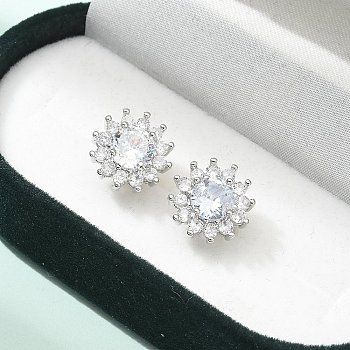 Brass Micro Pave Clear Cubic Zirconia Stud Earrings, Flower, Platinum, 11.5mm