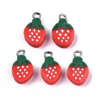 Handmade Polymer Clay Charms, with Platinum Tone Iron Findings, Strawberry, Red, 14.5~15.5x8.5~10x4mm, Hole: 1.8mm