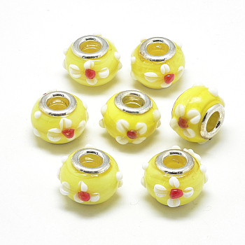Handmade Lampwork European Beads, Bumpy Lampwork, with Platinum Brass Double Cores, Large Hole Beads, Rondelle with Flower, Yellow, 16x14x10.5mm, Hole: 5mm