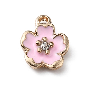 Alloy Enamel Pendants, with Crystal Rhinestone, Peach Blossom, Pearl Pink, 15x12x3.5mm, Hole: 2mm
