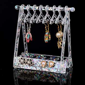 Elite 1 Set Transparent Acrylic Earring Display Stands, with Colorful Flower Sequins, Clothes Hanger-shaped, Clear, Finished Product: 13.5x8.2x15cm, about 13pcs/set