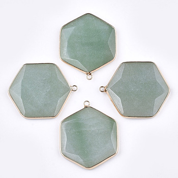 Natural Green Aventurine Pendants, with Brass Findings, Faceted, Hexagon, Golden, 44~45x36~37x5~6mm, Hole: 2mm