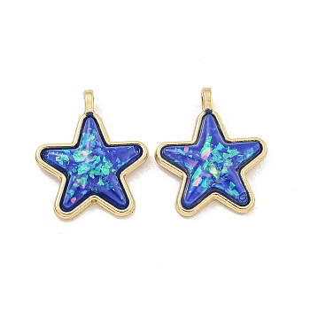 Translucent Resin Pendants, Rack Plating Brass Star Charms with Gold Foil, Real 18K Gold Plated, Long-Lasting Plated, Cadmium Free & Lead Free, Medium Blue, 17x14x5.5mm, Hole: 1.5mm